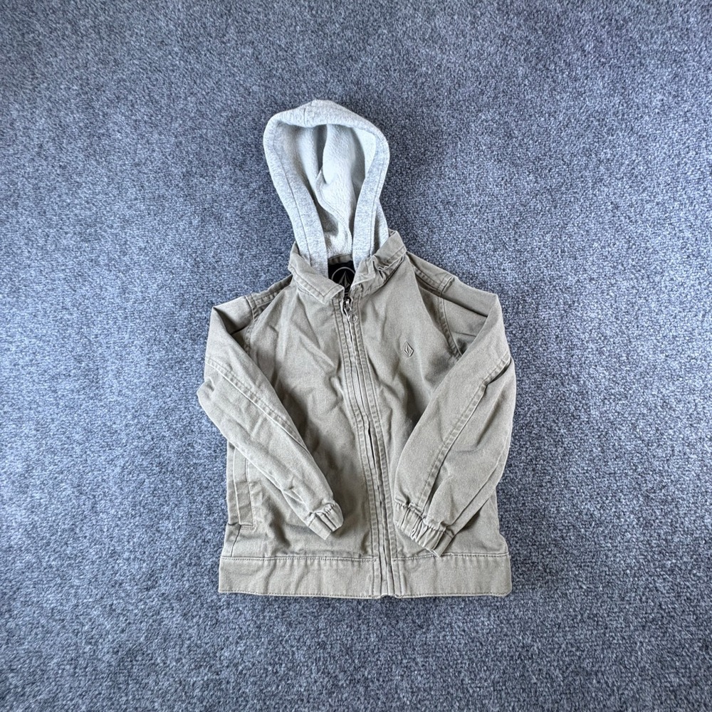 Volcom Toddler Boys Khaki Hooded Zip Up Twill Jacket Size 3T Grey Hood Skater